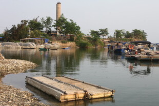 湛江河畔木筏与船只停靠景象