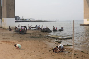 湛江桥下河畔众人休闲场景