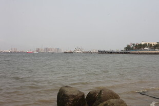 湛江海边礁石与远处城市景观