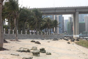 湛江城市桥梁下的沙石堆放场景