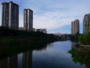 河畔高楼倒影美景