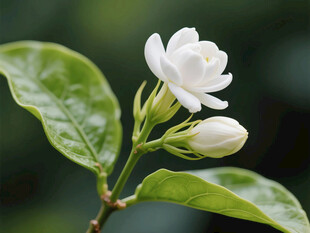 洁白茉莉花与翠绿叶片