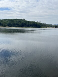 宁静湖面与远处青山景色