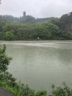 湖畔青山绿树间的景致