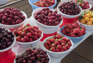 新鲜多样水果摆放在盆中