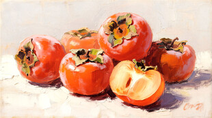 鲜艳柿子堆叠   柿子油画