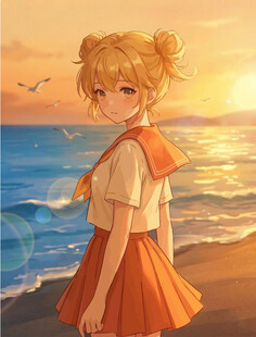 海边少女的唯美夕阳时光