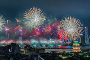 城市夜空绚烂烟花绽放