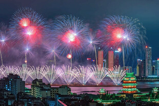 城市夜空绚烂烟花绽放