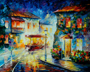 雨夜小镇街景油画