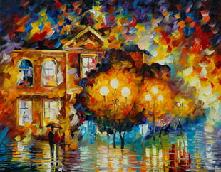 雨夜温馨小屋油画风景