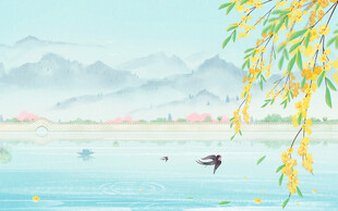 春日湖畔垂柳泛舟图