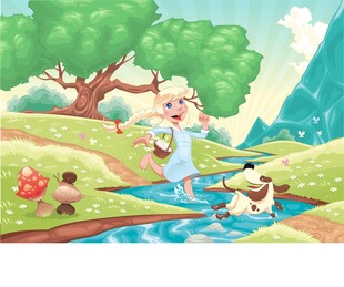 童话风森林溪边欢乐场景