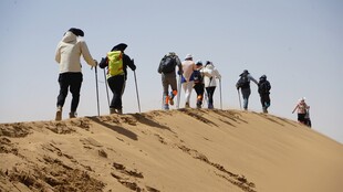 沙漠徒步队伍攀登沙丘