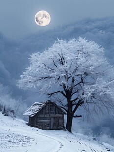 雪夜孤树旁的静谧小屋
