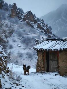 雪中山村小屋与双犬