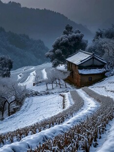 雪覆山村路静谧冬日景