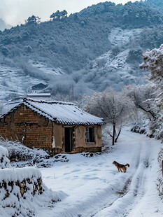 雪覆山村小屋行雪地
