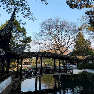 中式园林中的古朴廊桥