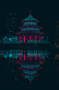 夜晚璀璨古亭倒影美景