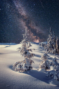 雪夜山林中的璀璨星空