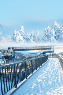 冬日雪景中的河畔护栏