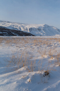 雪覆原野与远处山峦景色