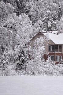 雪覆山林中的温馨小屋