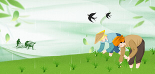 草原上的动物与飞翔小鸟谷雨背景