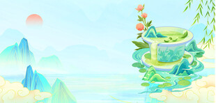 春日山水茶韵谷雨插画意境图