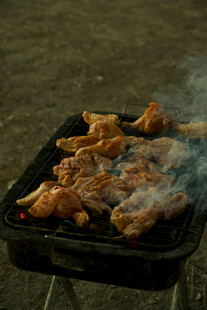 户外烤架上的美味烤鸡翅