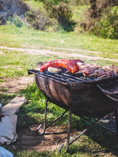 户外草地上的美味烧烤架