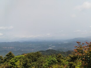 山巅远眺绿意与朦胧远景