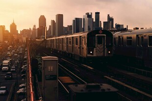 夕阳下的城市地铁风景线