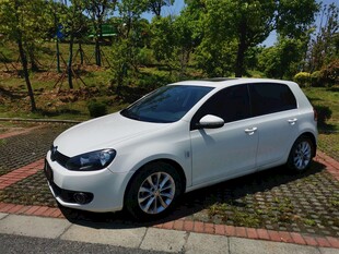 白色高尔夫停于绿植旁