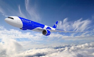 翱翔蓝天的蓝白喷气式飞机