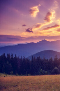 黄昏下的山林与远山美景