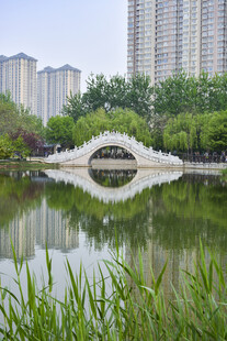 湖畔拱桥映景城市风光