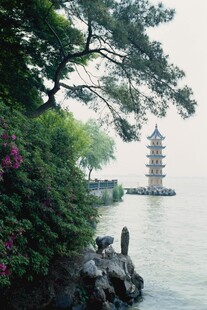 湖畔古塔美景