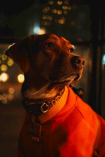 夜晚穿红衣的帅气狗狗