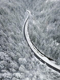 雪覆山林间的蜿蜒公路