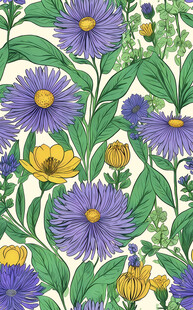 紫色花卉与绿叶图案设计