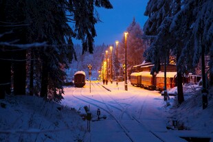 雪夜林间小屋暖灯景象