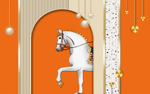 橙色背景前的优雅白马