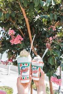 手捧美味饮品于繁花树下