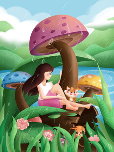 女孩与蘑菇下的梦幻场景