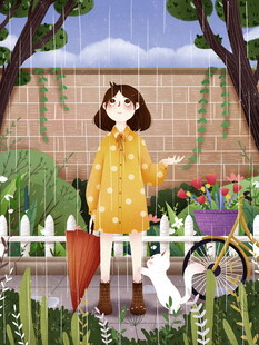 雨中撑伞漫步的可爱女孩