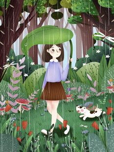 森林中撑伞漫步的女孩