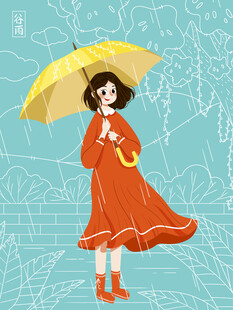 雨中撑伞的红衣女孩