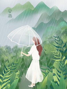 雨中漫步的白衣女子